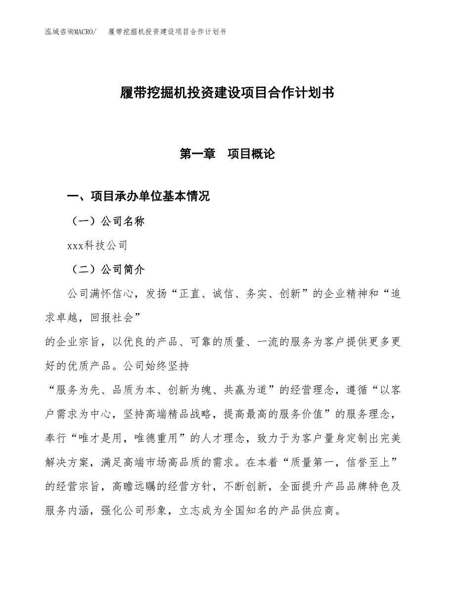 履带挖掘机投资建设项目合作计划书（样本）_第1页