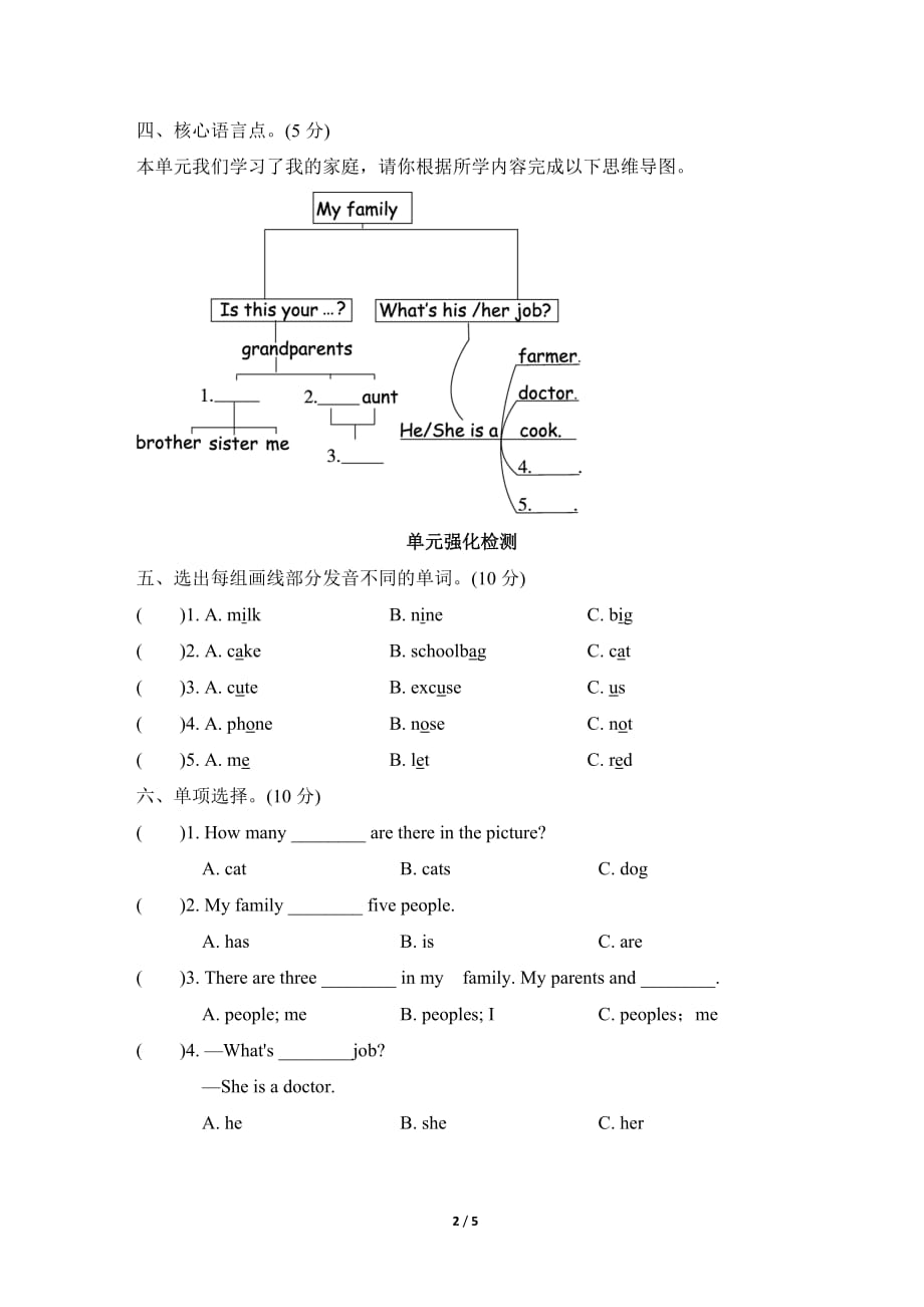 人教PEP版小学英语 四年级上册 Unit 6单元知识梳理卷_第2页