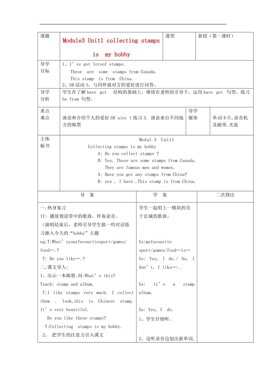 六年级上册英语教案Module 3Unit 1 Collecting stamps is my hobby外研社三起_第1页