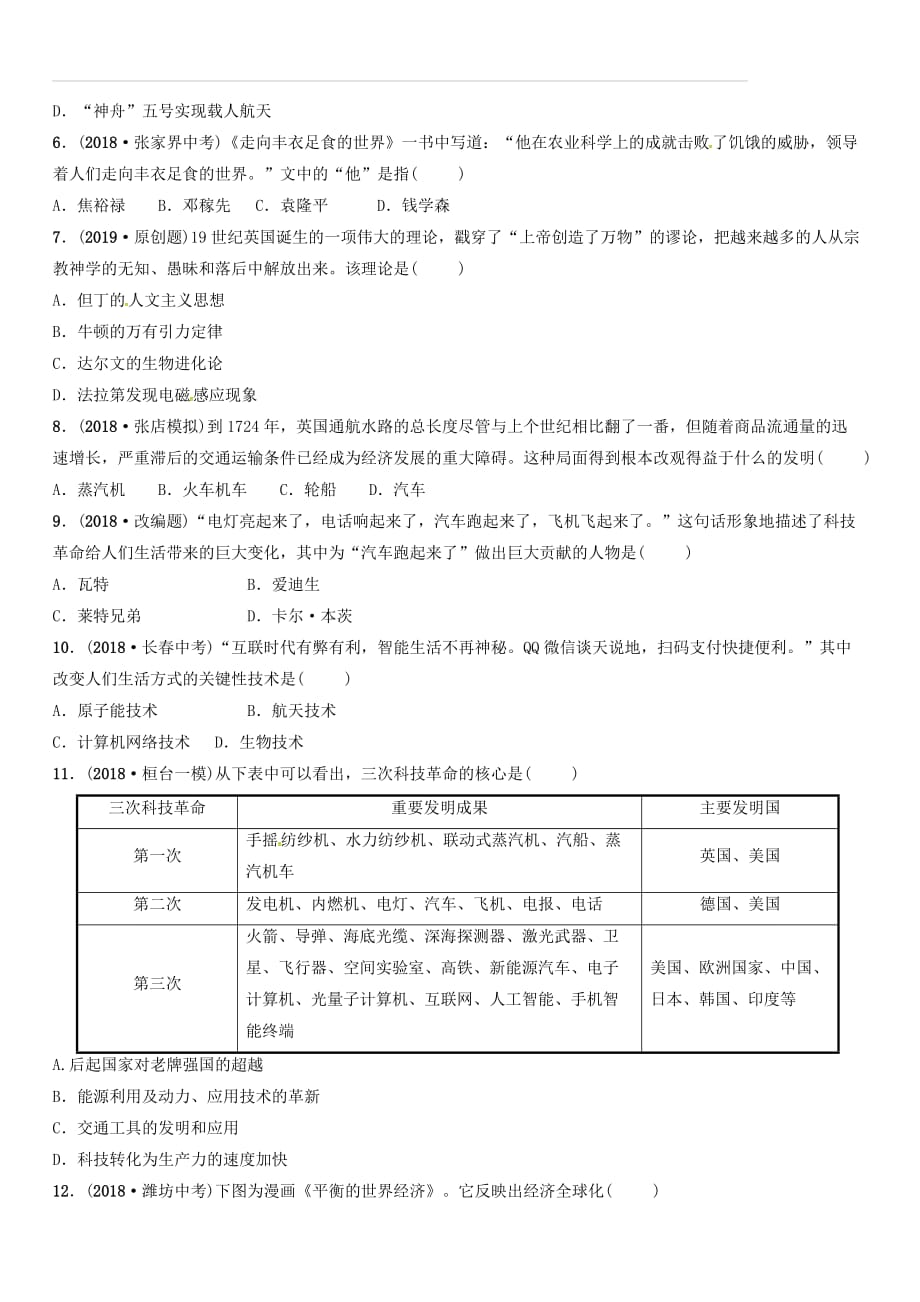 淄博专版2019届中考历史复习专题八古今中外的科学技术与经济全球化练习（附答案）_第2页