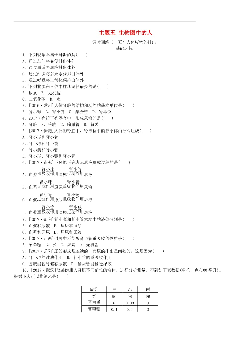 【北京专版】2018年中考方案（15）人体内废物的排出作业手册（含答案）_第1页