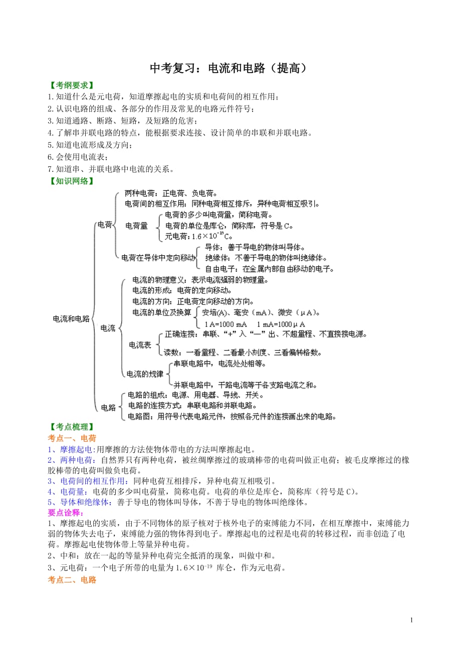 中考复习：电流和电路（提高）知识讲解_第1页