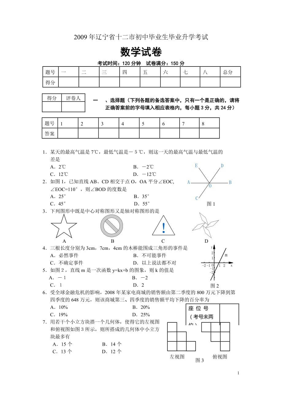 2009年辽宁省十二市中考数学试题(word版无答案)_第1页