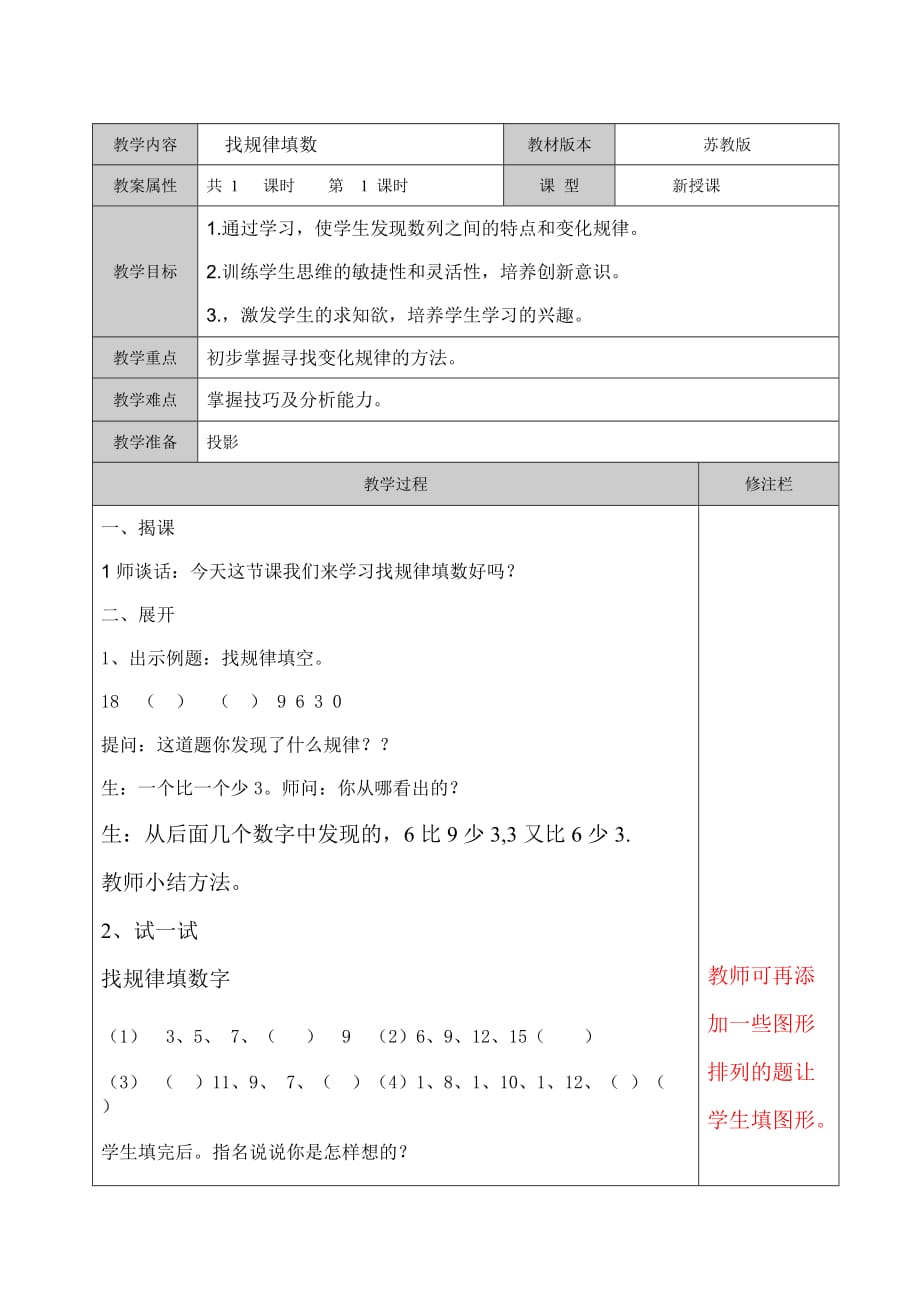 二年级上册数学教案- 思维训练12找规律填数 苏教版(2014秋)_第1页