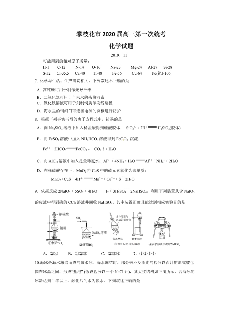 攀枝花市2020届高三第一次统考化学试题及答案_第1页