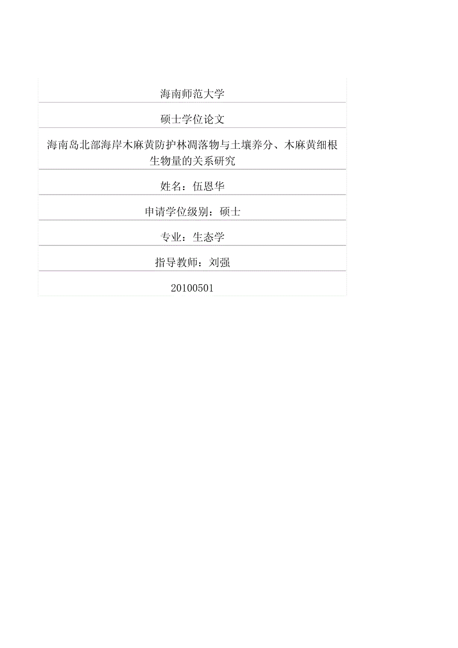 海南岛北部海岸木麻黄防护林凋落物与土壤养分、木麻黄细根生物量的关系研究_第1页