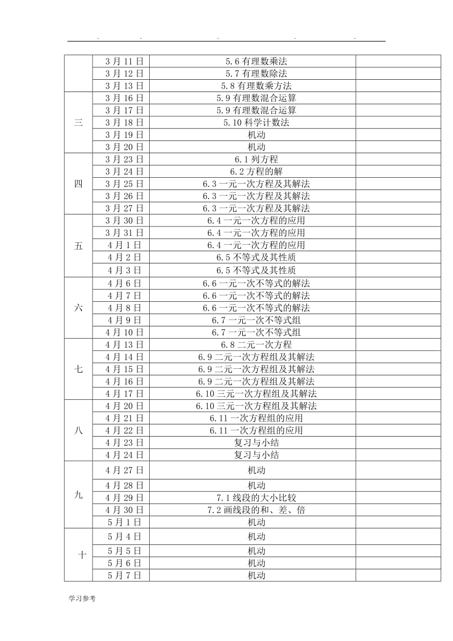 沪教版六年级数学（下册）教学计划与进度_第3页