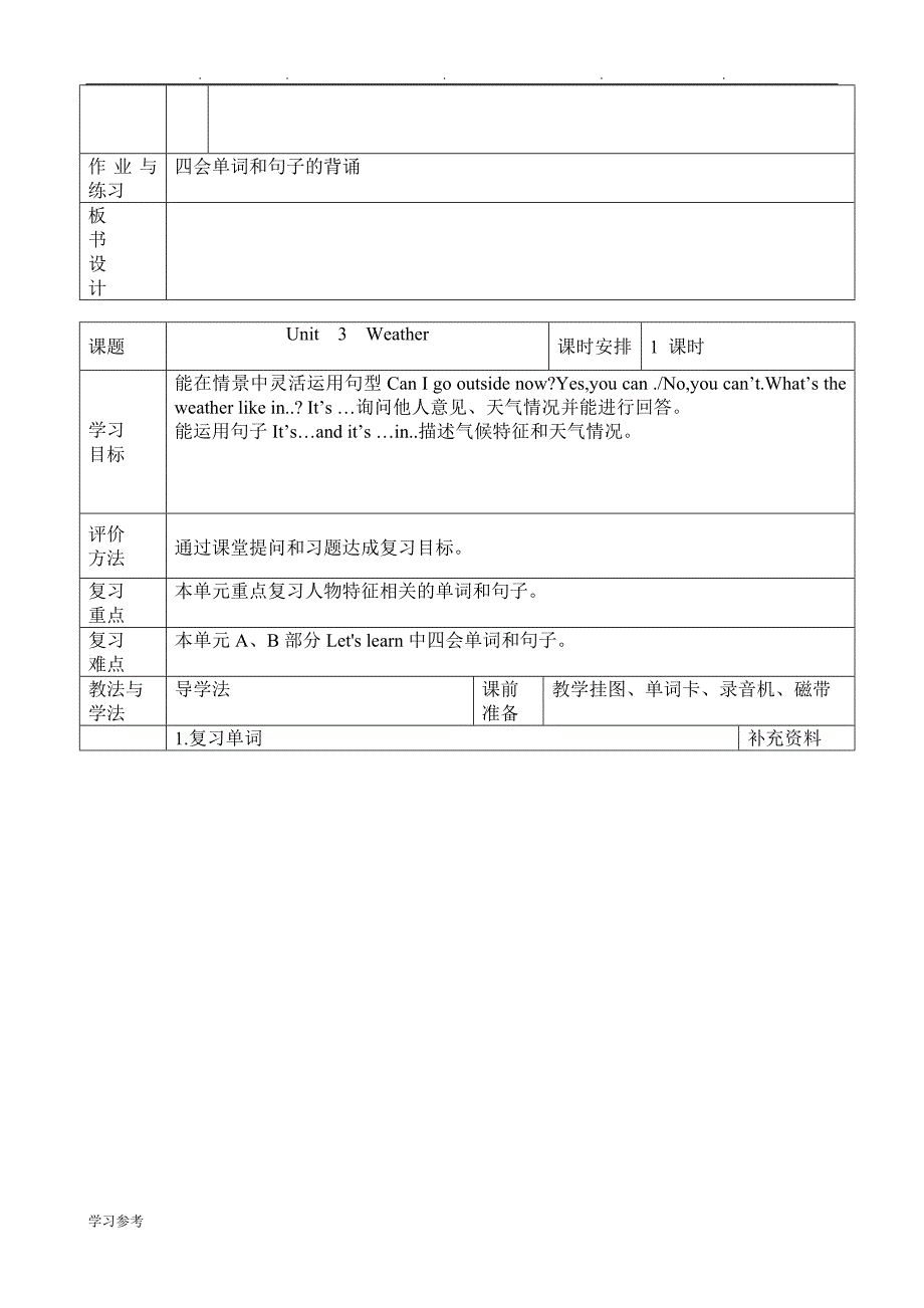 pep小学四年级（下册）英语复习教（学）案_第4页