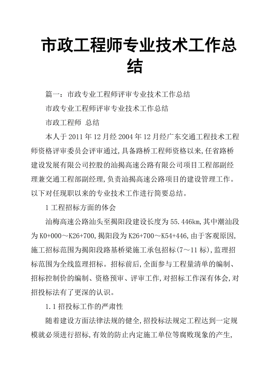 市政工程师专业技术工作总结报告_第1页