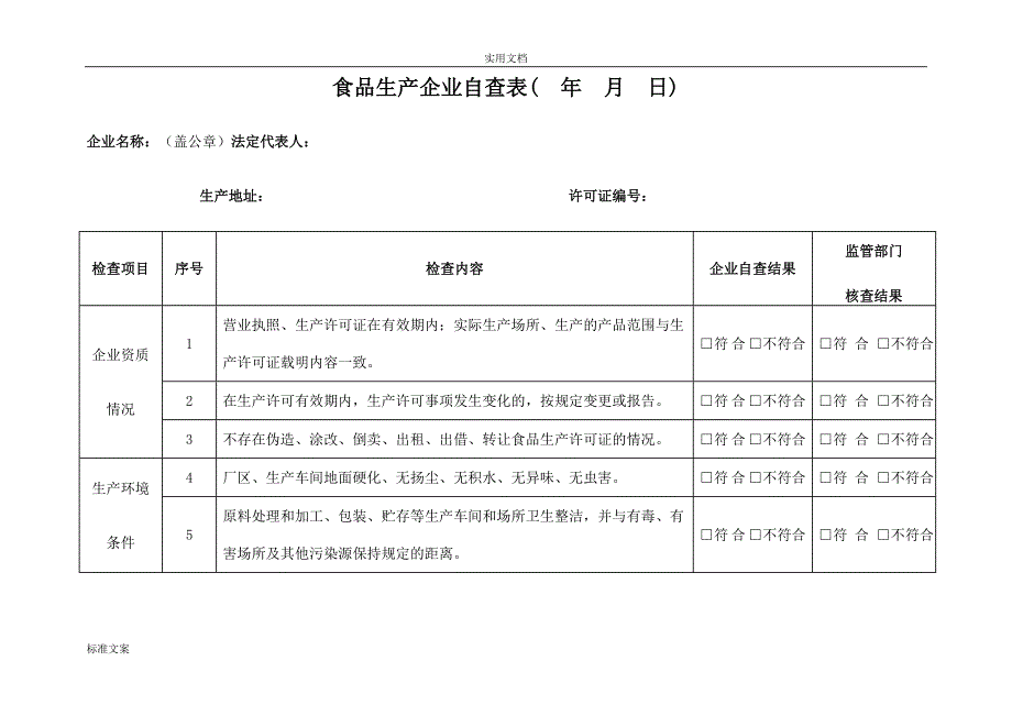 食品生产企业自查表模板_第1页