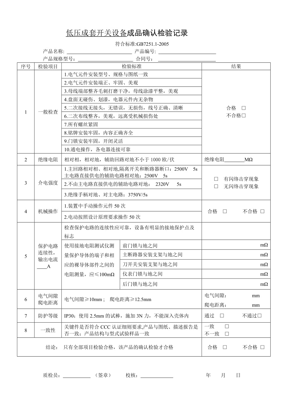 CCC低压配电柜确认检验记录_第1页