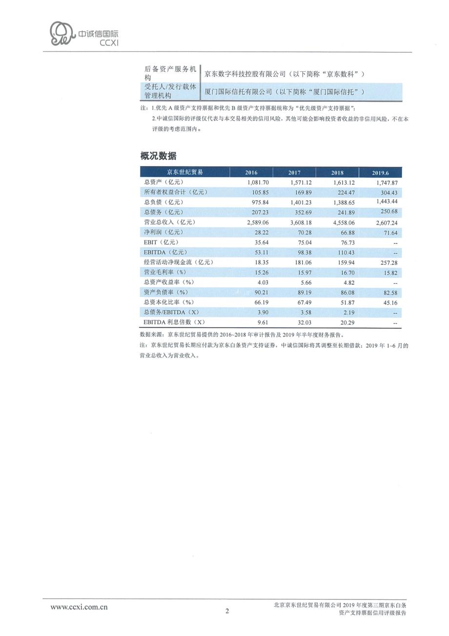 北京京东世纪贸易有限公司2019年度第三期京东白条资产支持票据信用评级报告(更新)_第2页