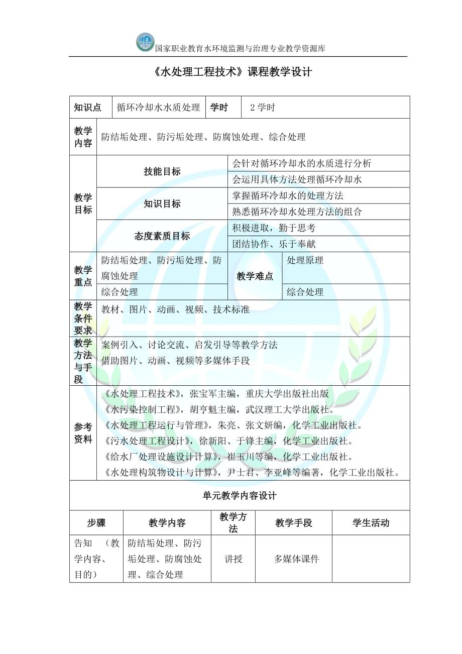 循环冷却水水质处理 教学设计_第1页