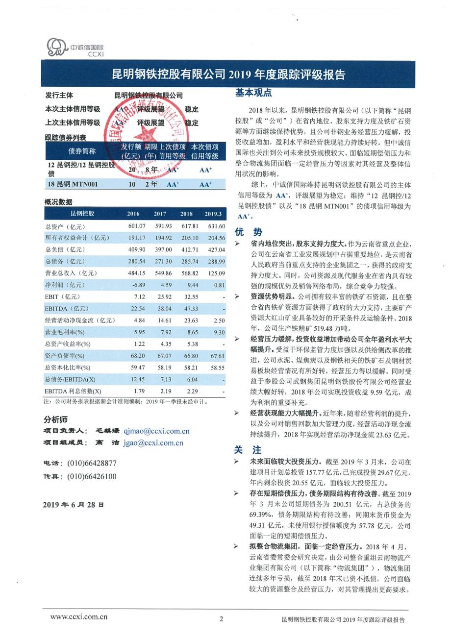 昆明钢铁控股有限公司2019年度跟踪评级报告_第2页