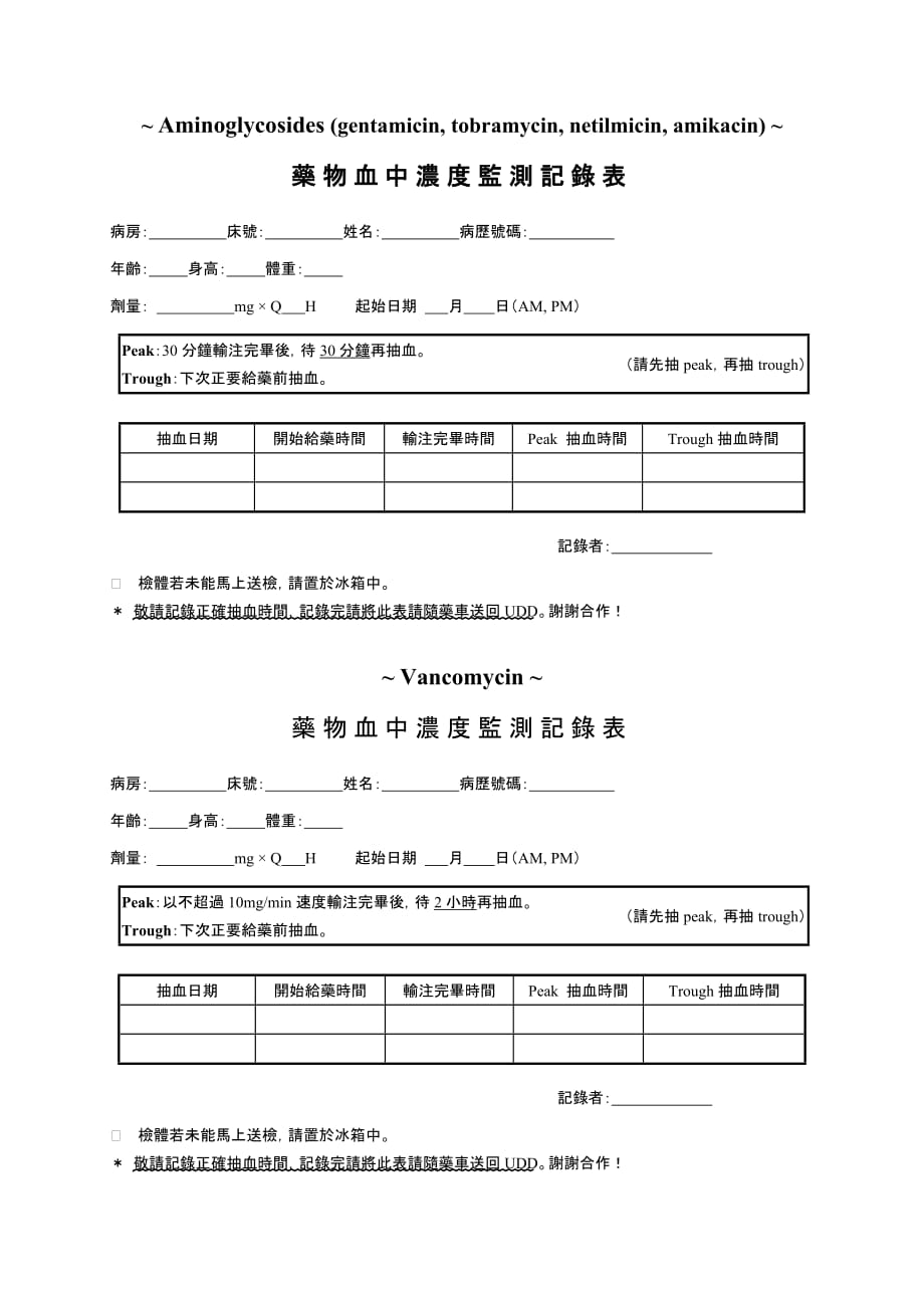 药物血中浓度监测记录表_第1页