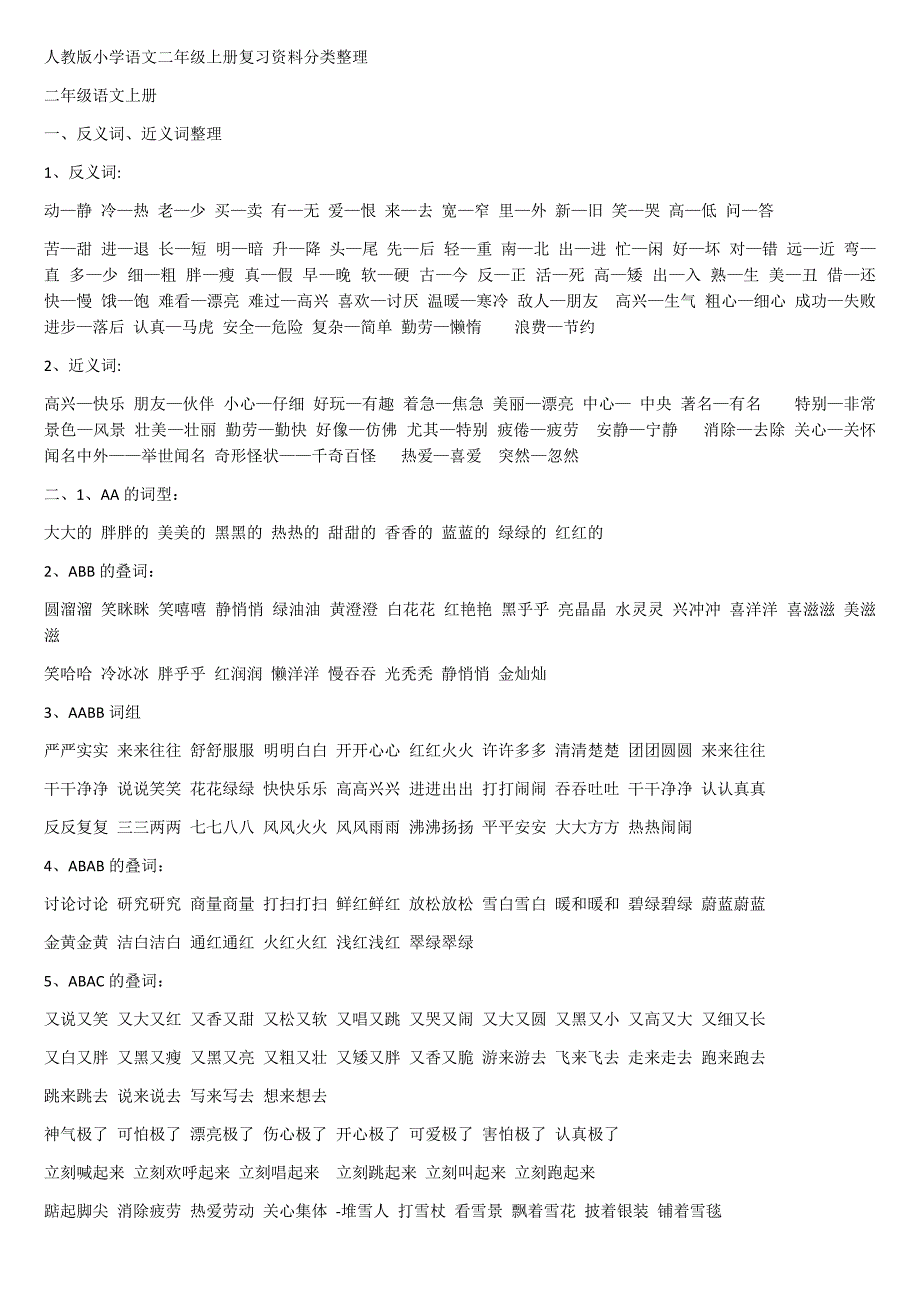 人教版小学语文二年级上册复习资料(词语反义词近义词成语谚语对联名句诗句)(旧版人教版)(2003版人教版)_第1页