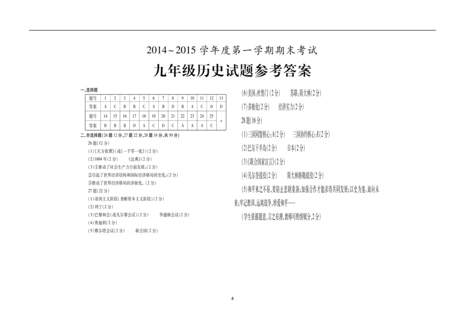 山东省枣庄市第十一中学2015年九年级上学期期末考试历史试卷 （附答案）.doc_第4页