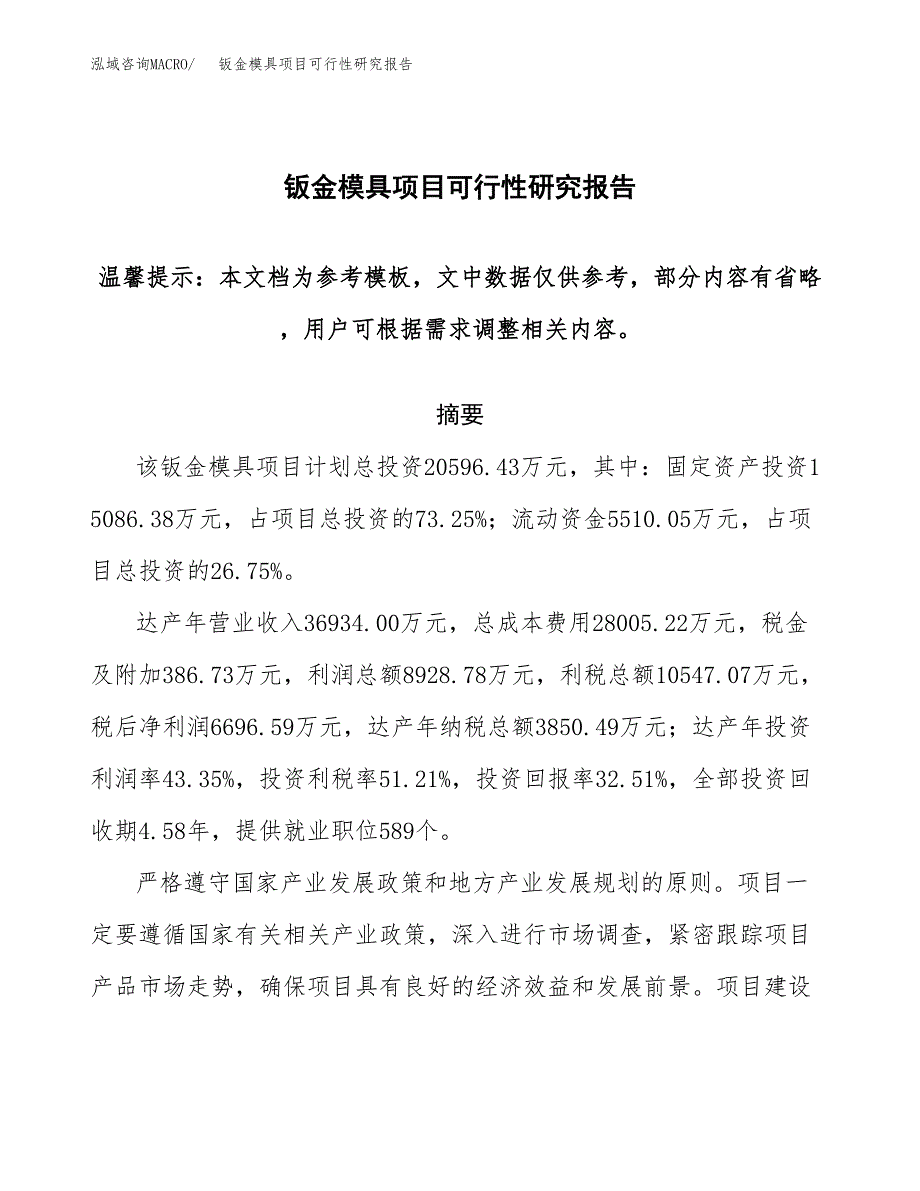 钣金模具项目可行性研究报告范本大纲.docx_第1页