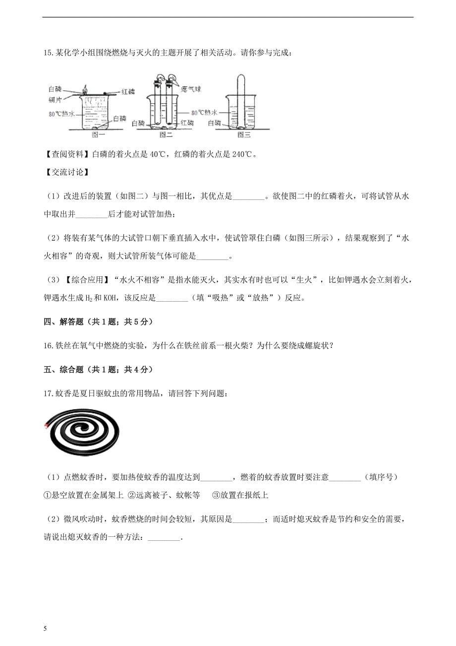 九年级化学上册 5 定量研究化学反应 到实验室去 探究燃烧的条件练习题 （新版）鲁教版_第5页