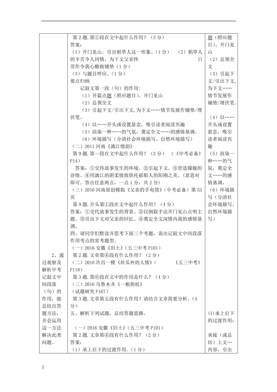 中考语文 专题复习三 记叙文阅读 段（句）的作用教案设计_第2页