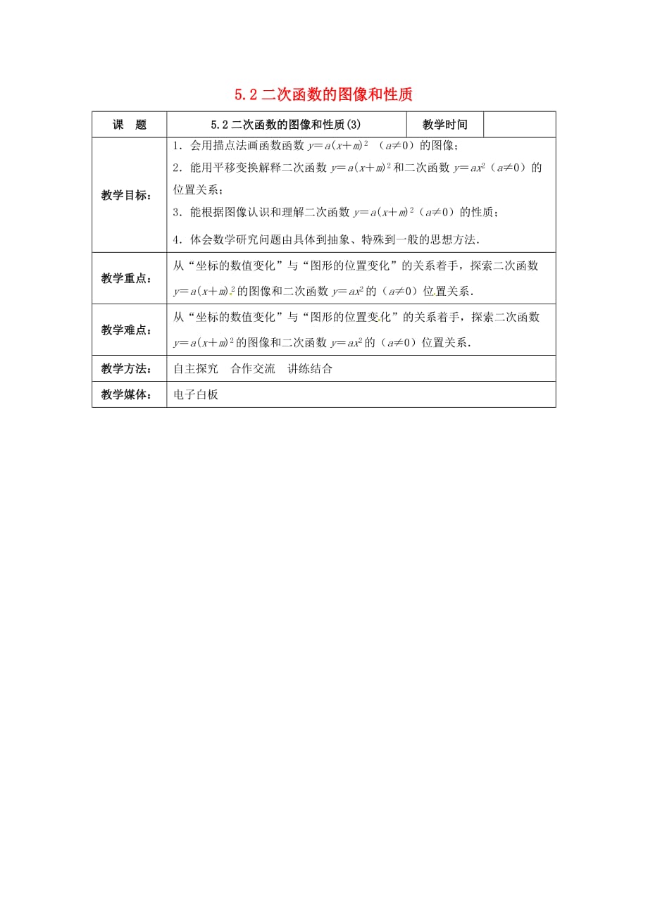 九年级数学下册 5.2 二次函数的图象与性质（3）教案 （新版）苏科版_第1页