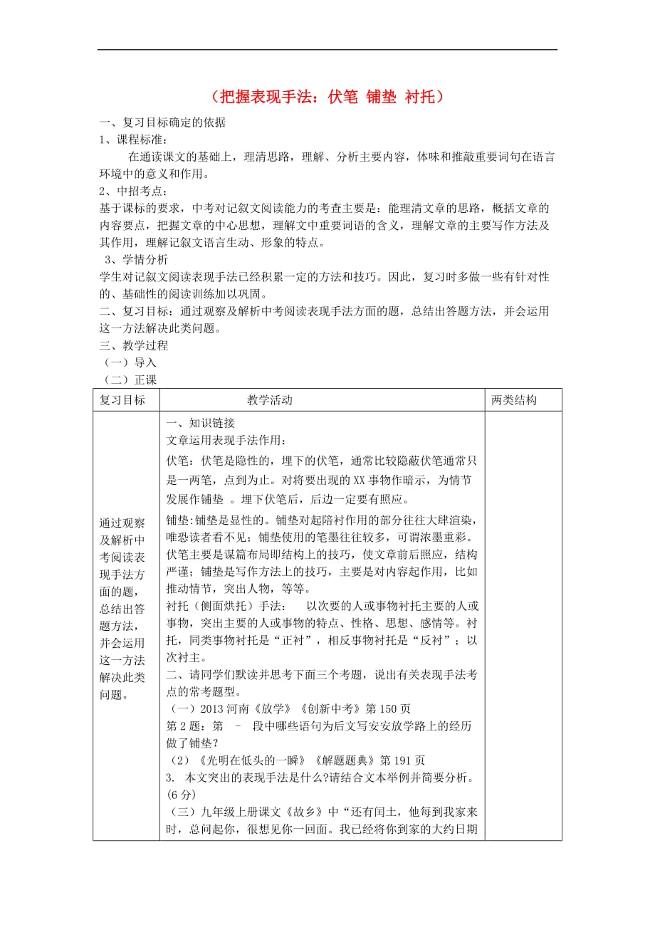 中考语文 专题复习三 记叙文阅读 表现手法（铺垫伏笔衬托）教案_第1页