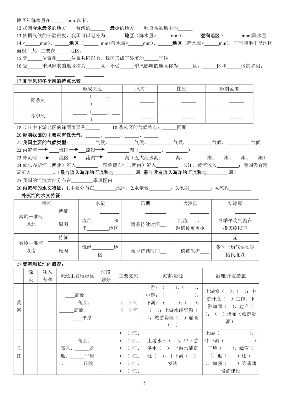 人教版八年级地理上册期中复习资料填空含答案_第3页