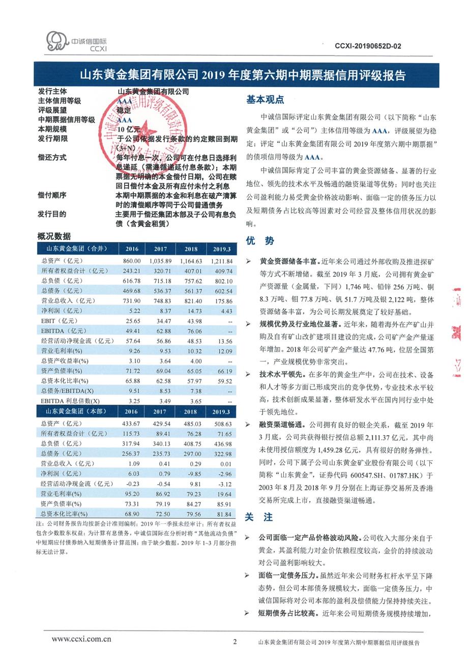 山东黄金集团有限公司2019年度主体评级报告_第2页