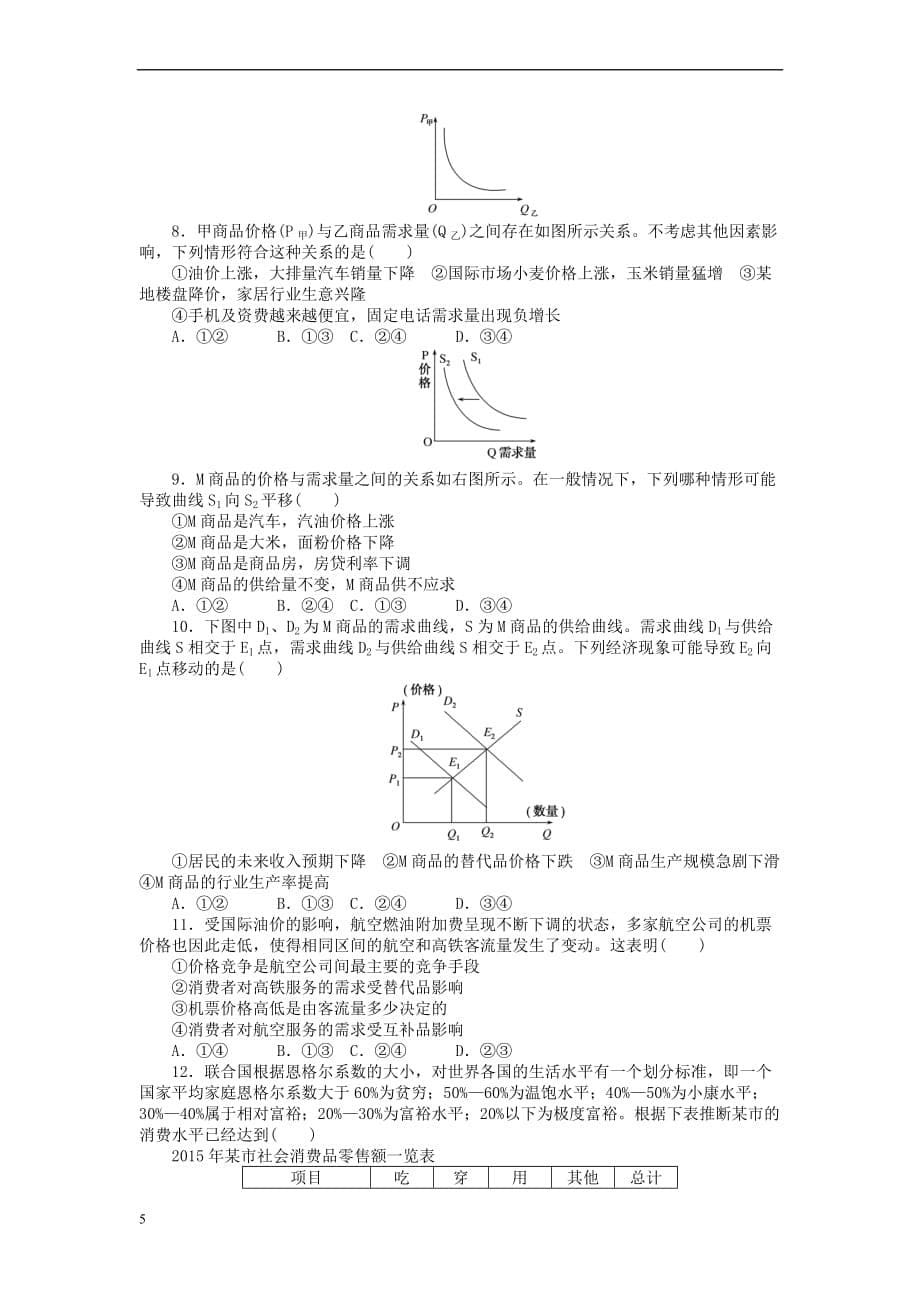 全程训练2018届高考政治一轮总复习周测一 生活与消费夯基提能卷-短平快保底分 新人教版_第5页