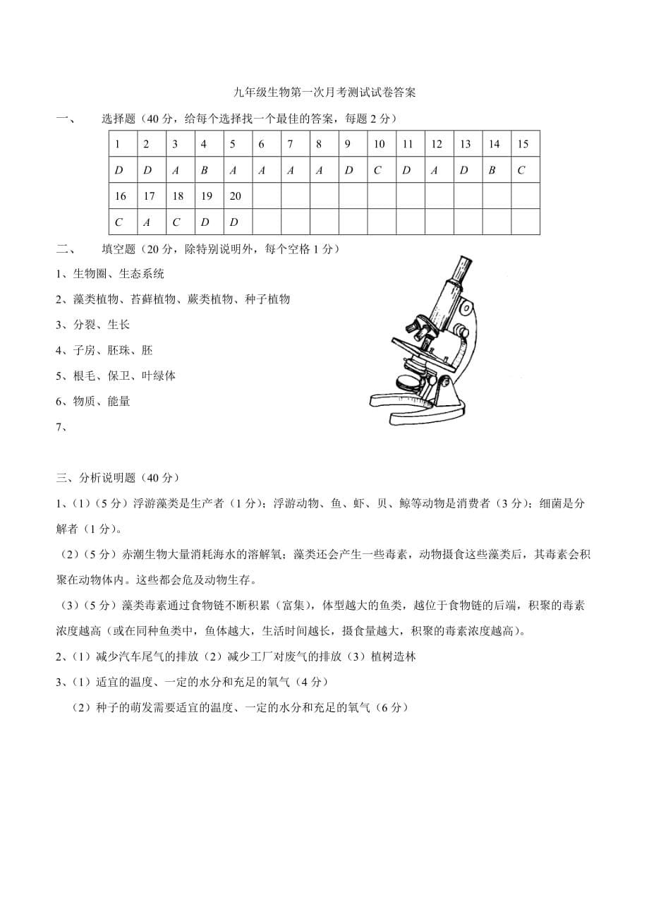 甘肃省武威第五中学2018年九年级上学期第一次月考生物试题（附答案）.doc_第5页