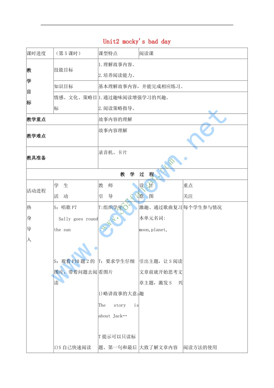 五年级英语上册 Unit 2 mocky’s bad day（第5课时）教案 北师大版_第1页
