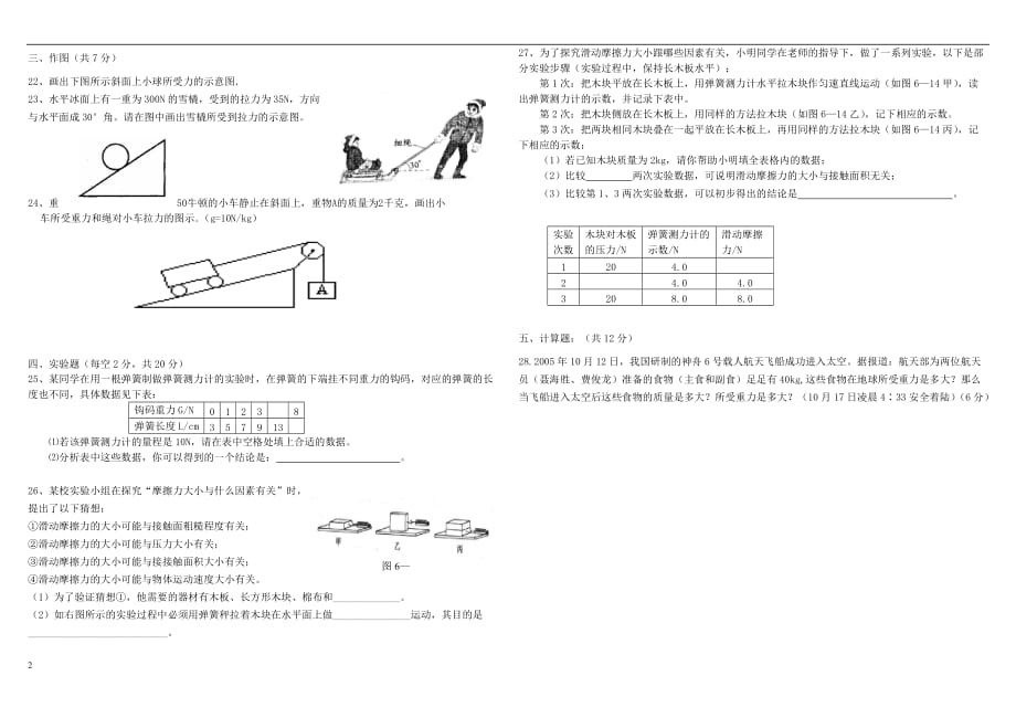 八年级物理下册 第七章《力》单元检测试题（无答案）（新版）新人教版_第2页