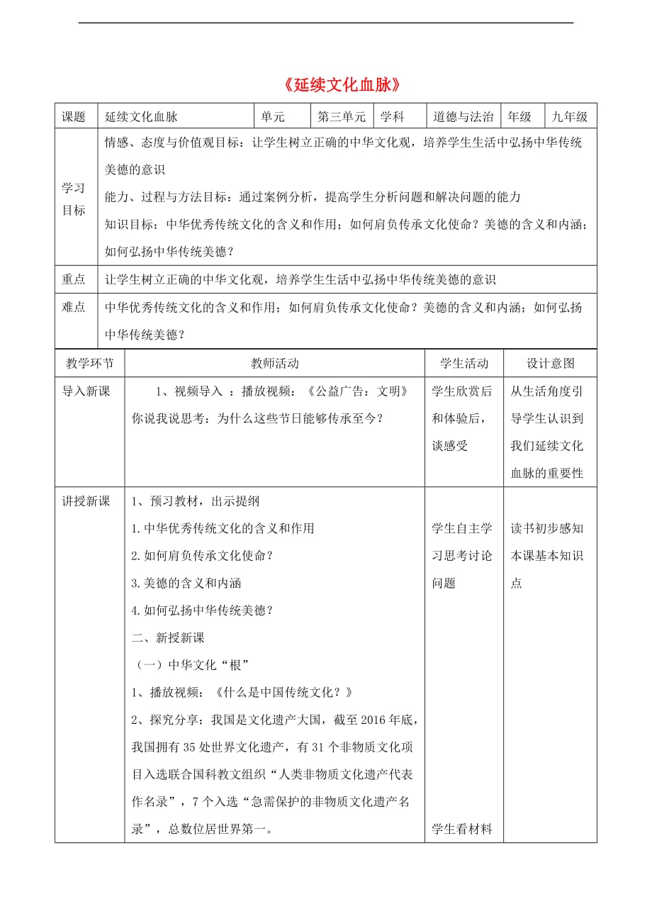 九年级道德与法治上册 第三单元 文明与家园 第五课 守望精神家园 第1框 延续文化血脉教学设计 新人教版(同名2655)_第1页