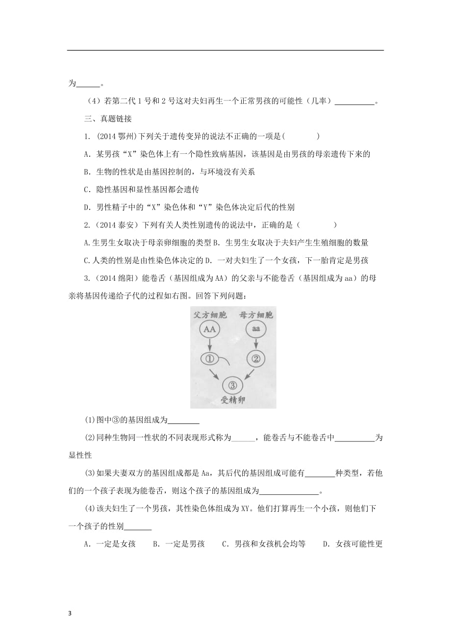 八年级生物下册7.2.4 人的性别决定练习 （新版）新人教版_第3页