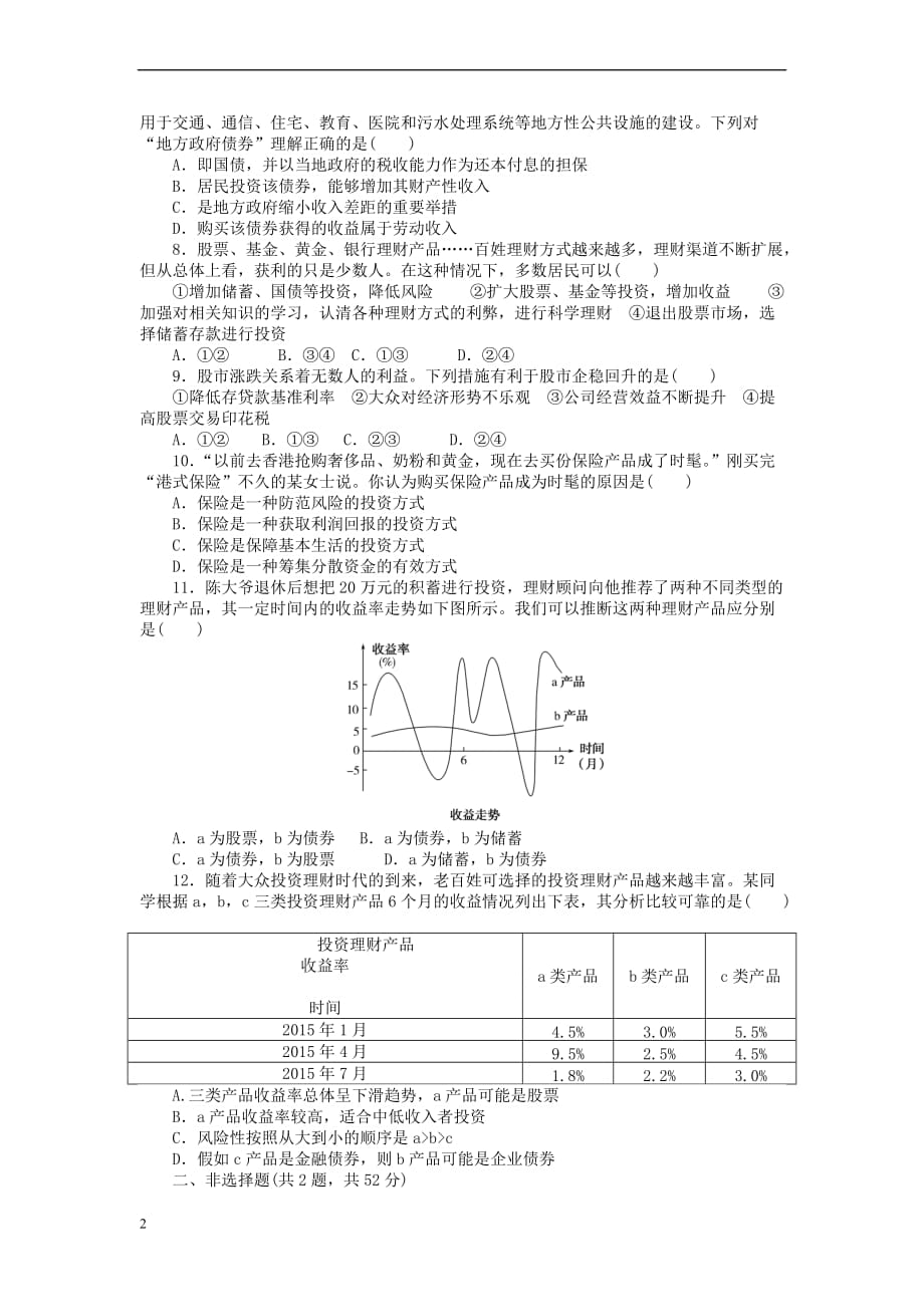 全程训练2018届高考政治一轮总复习第二单元 生产、劳动与经营 课练6 投资理财的选择 新人教版必修1_第2页