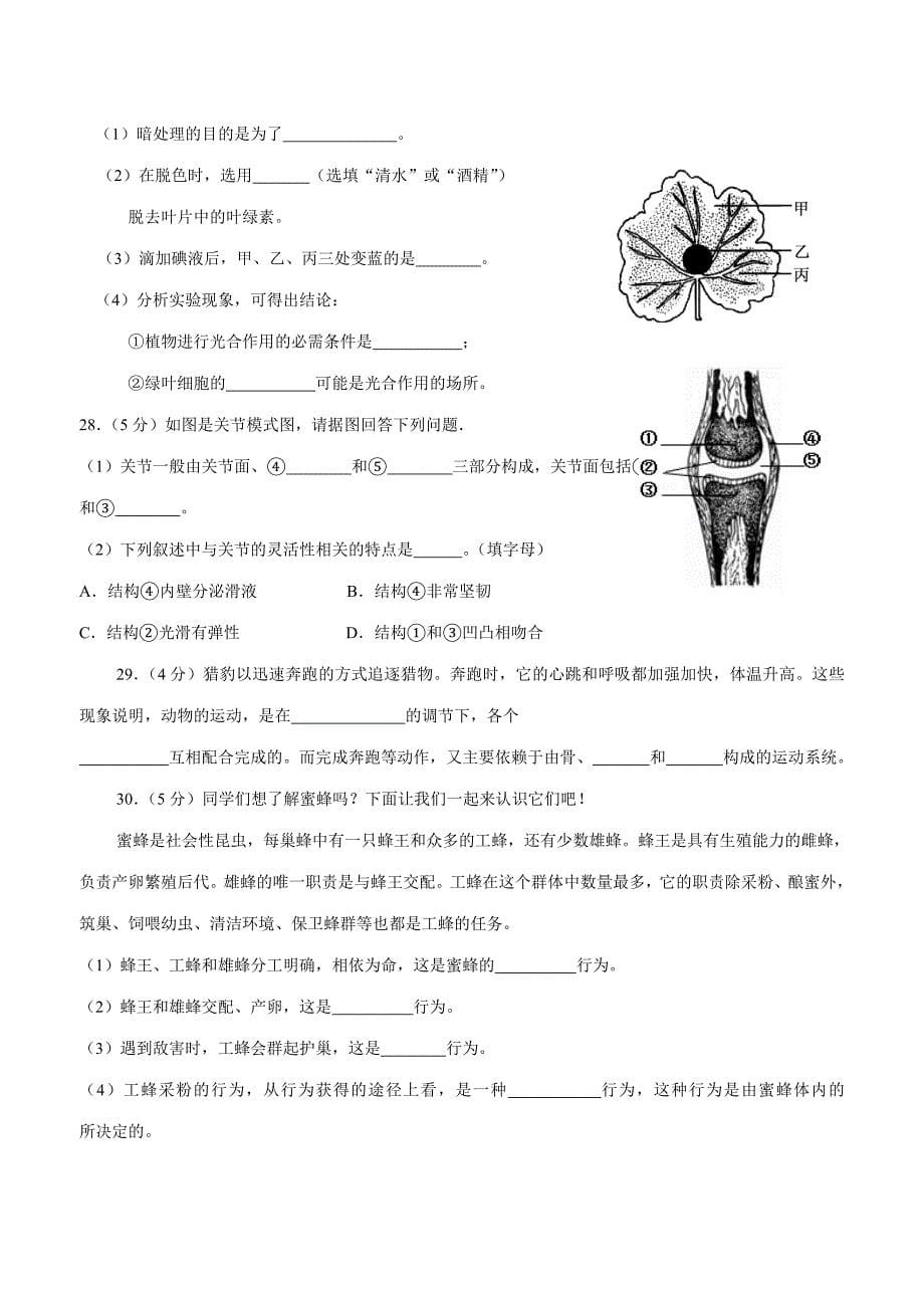 福建省莆田第八中学2017—2018学年上学期八年级月考生物试题（附答案）.doc_第5页