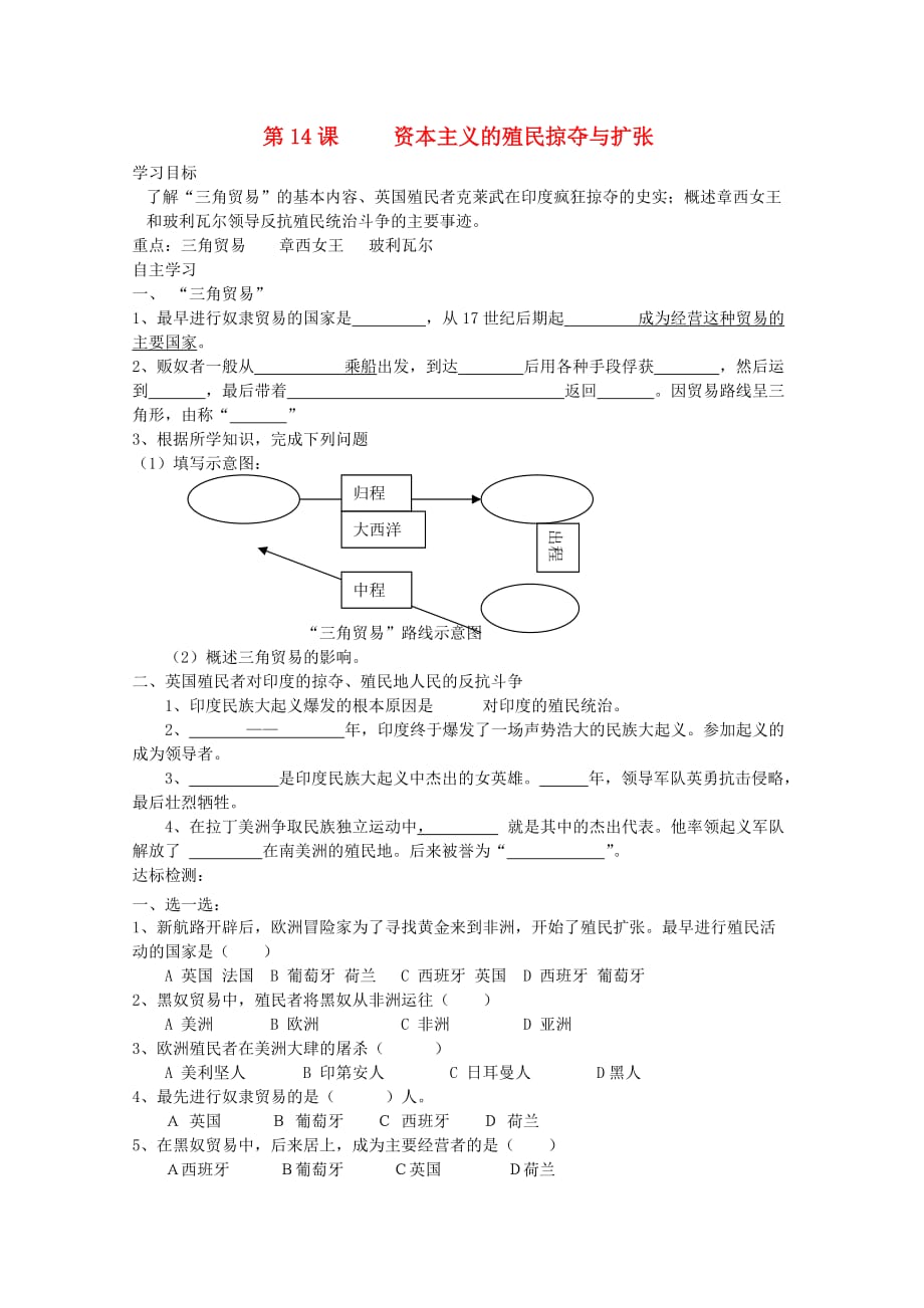 九年级历史上册第14课 资本主义的殖民掠夺与扩张学案 中华书局版_第1页