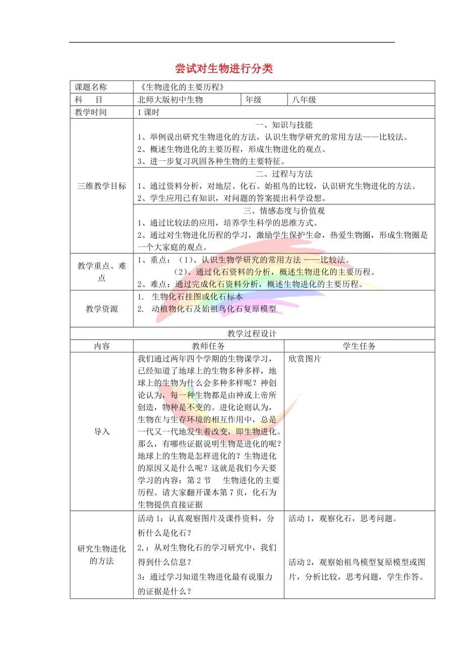 八年级生物下册8.3.2《生物进化的历程》教案 鲁科版_第1页