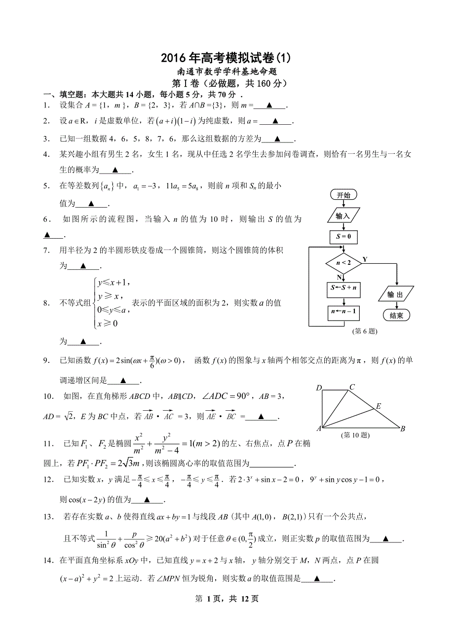 2016年江苏省南通市高考数学模拟试卷(1)含答案_第1页