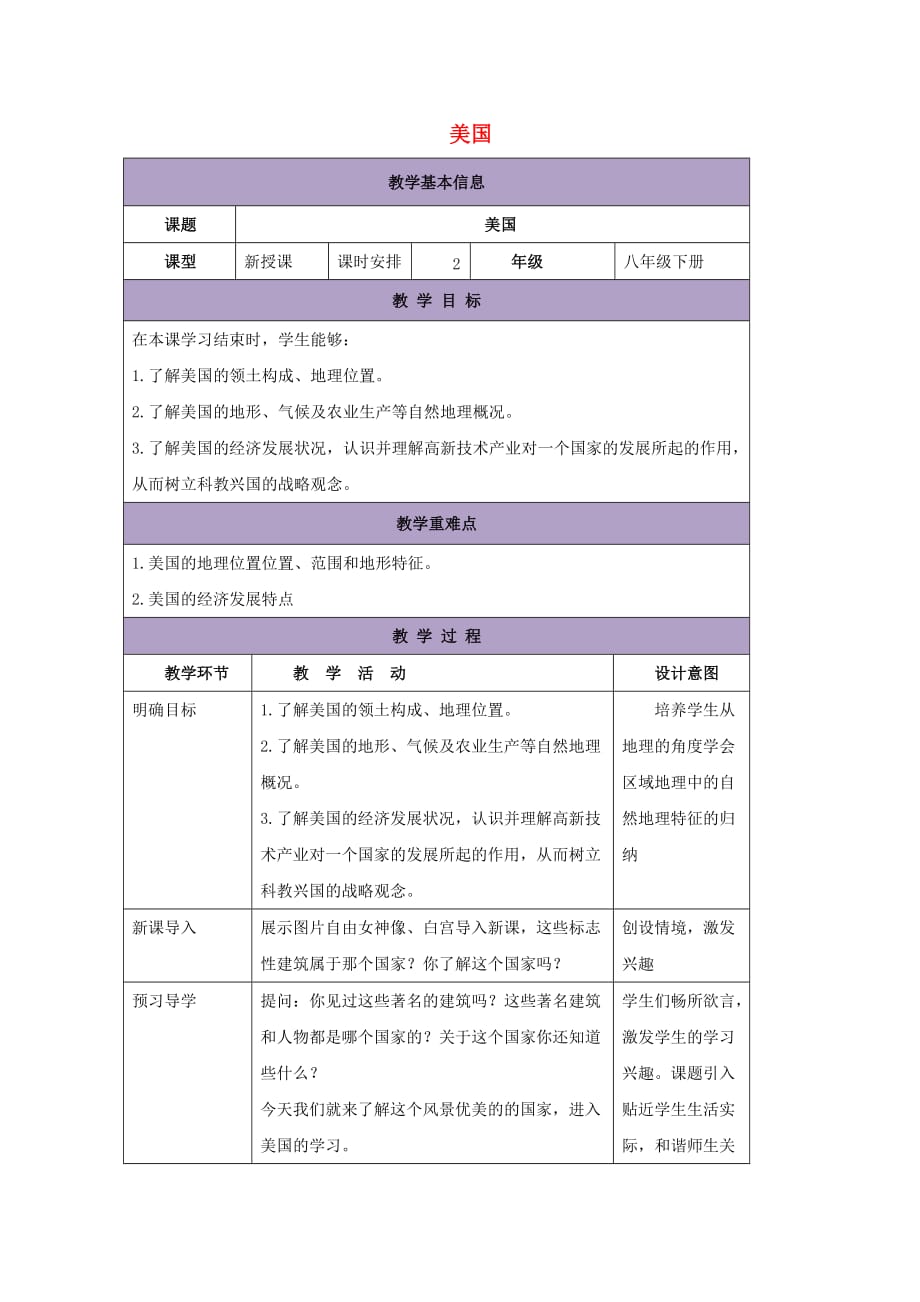 八年级地理下册7.2美国教案1 中图版_第1页