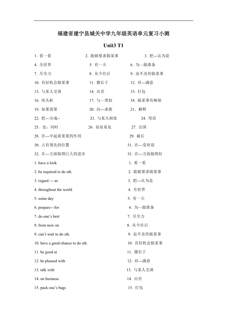 福建省建宁县城关中学九年级英语单元复习小测：Unit3 T1.doc_第1页