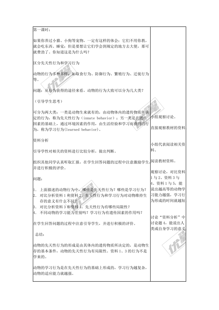 八年级生物上册第五单元 第二章 第二节 先天性行为和学习行为教案 （新版）新人教版_第2页