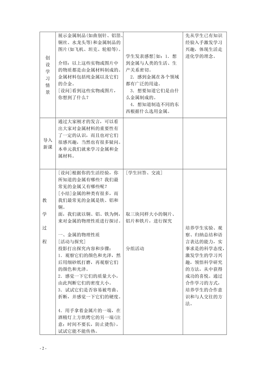 九年级化学全册第七单元 7.1 常见的金属材料教案1 鲁教版_第2页