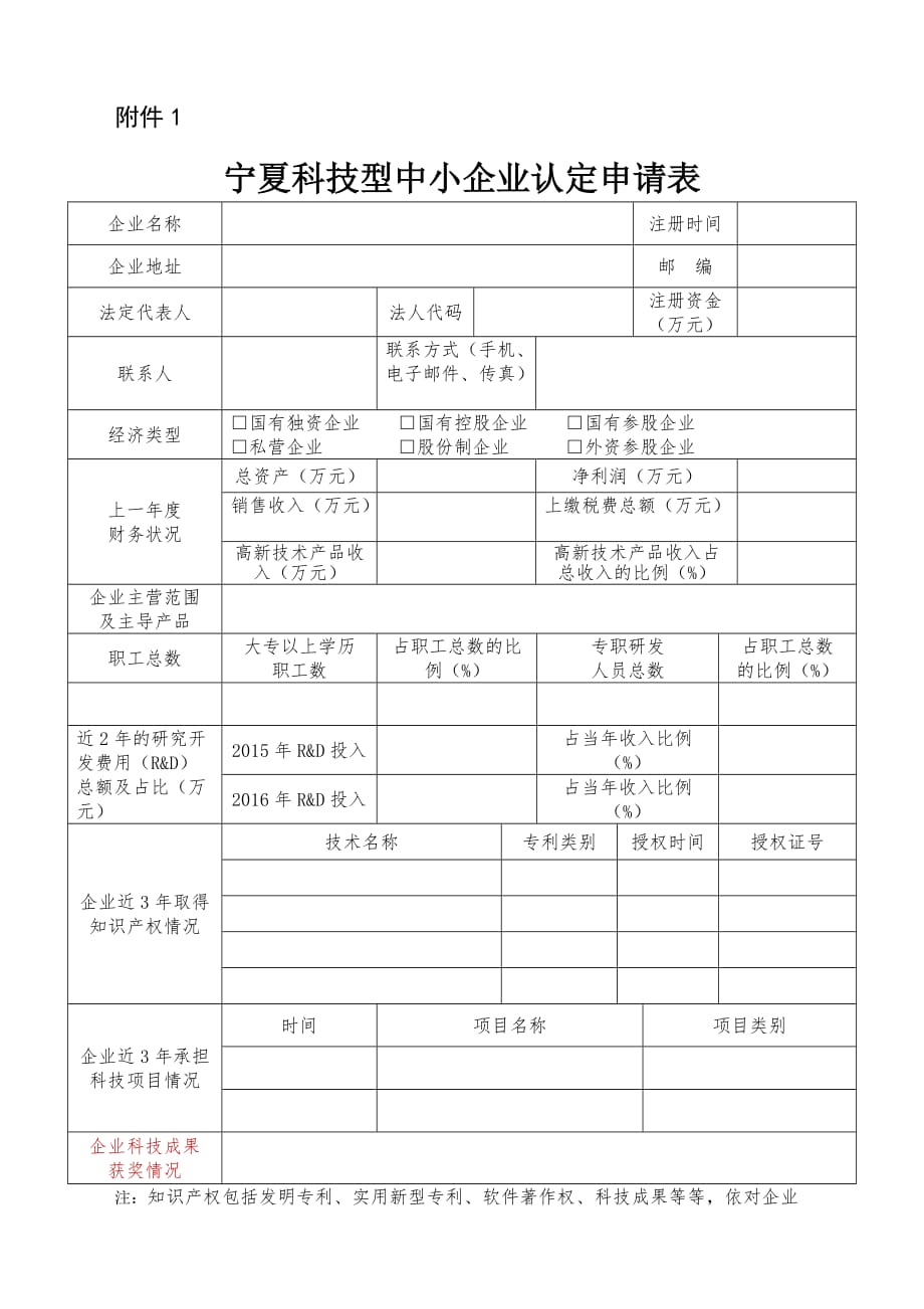 宁夏科技型中小企业认定申请表_第1页