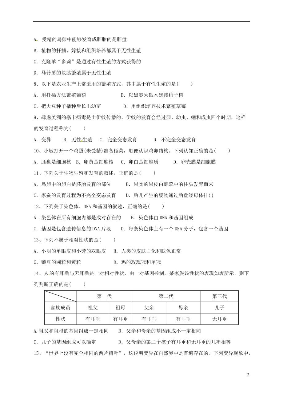 北京市昌平区2017-2018学年八年级生物下学期第一次月考试题新人教版_第2页