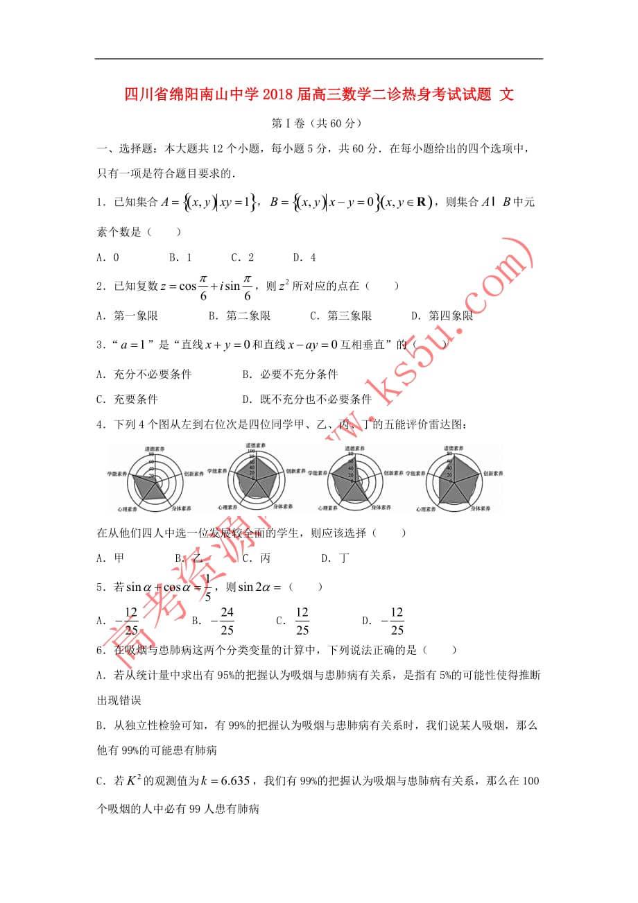 四川省绵阳南山中学2018届高三数学二诊热身考试试题文_第1页