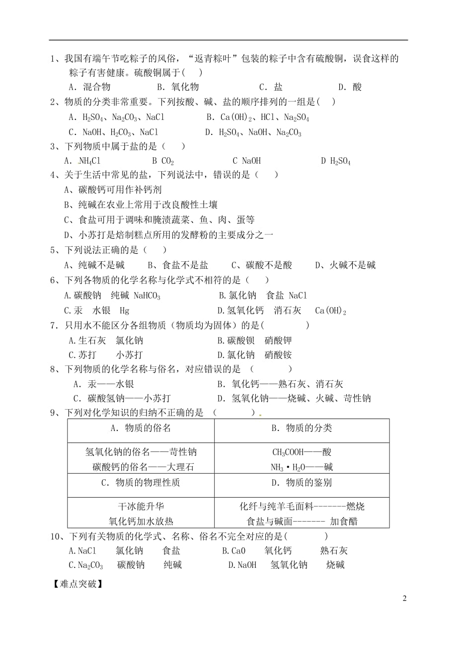 内蒙古鄂尔多斯市东胜区九年级化学下册 8.4 常用的盐（1）学案（无答案）（新版）粤教版_第2页