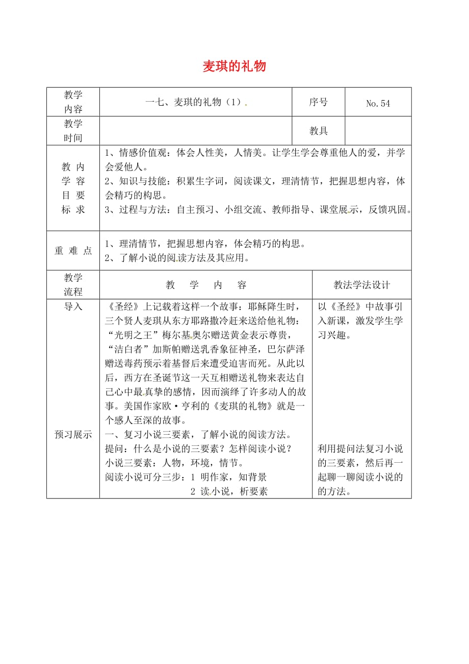 吉林省长春市九年级语文上册 第五单元 17 麦琪的礼物教案1 长春版_第1页