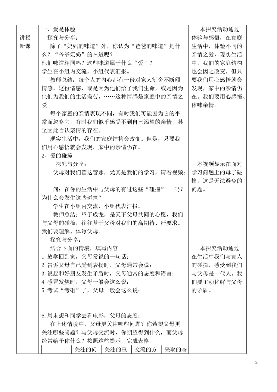 六年级道德与法治全册第三单元 师长情谊 第七课 亲情之爱 第2框 爱在家人间教案 新人教版五四制_第2页