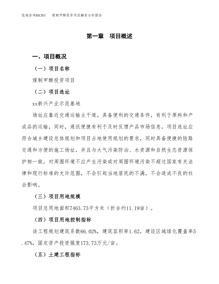 煤制甲醇投资项目融资分析报告.docx_第1页